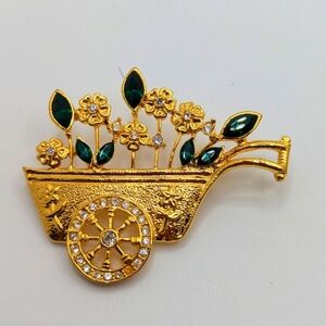 Gold Tone Green Rhinestone Flower Garden Wheelbarrow Wagon Cart Brooch Pin